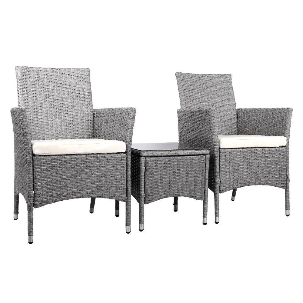 3PC Outdoor Bistro Set Patio Furniture Wicker Setting Chairs Table Cushion Grey