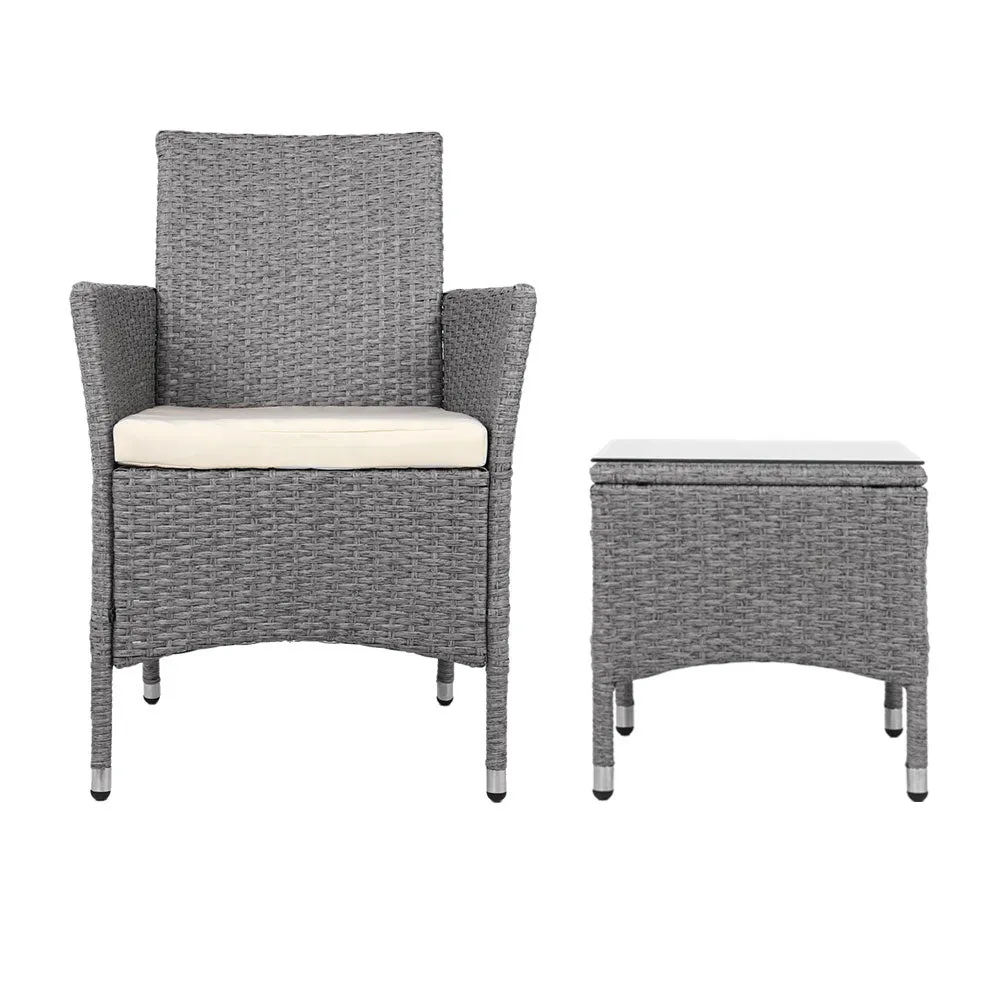 3PC Outdoor Bistro Set Patio Furniture Wicker Setting Chairs Table Cushion Grey