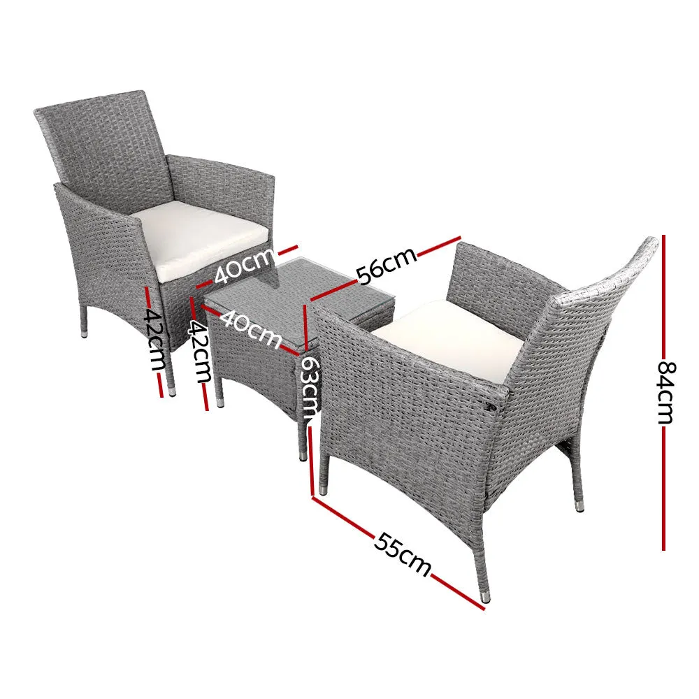 3PC Outdoor Bistro Set Patio Furniture Wicker Setting Chairs Table Cushion Grey