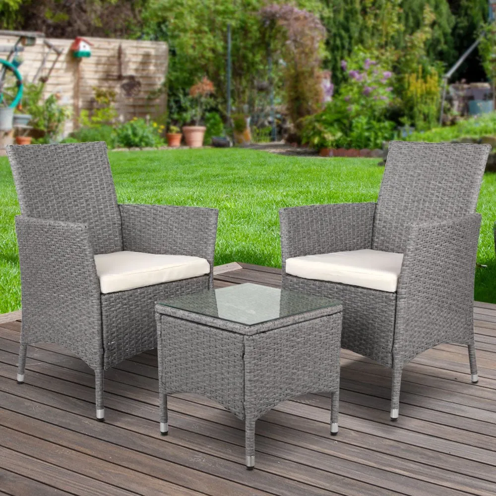 3PC Outdoor Bistro Set Patio Furniture Wicker Setting Chairs Table Cushion Grey