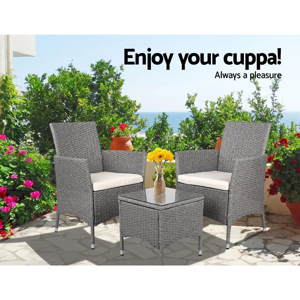3PC Outdoor Bistro Set Patio Furniture Wicker Setting Chairs Table Cushion Grey