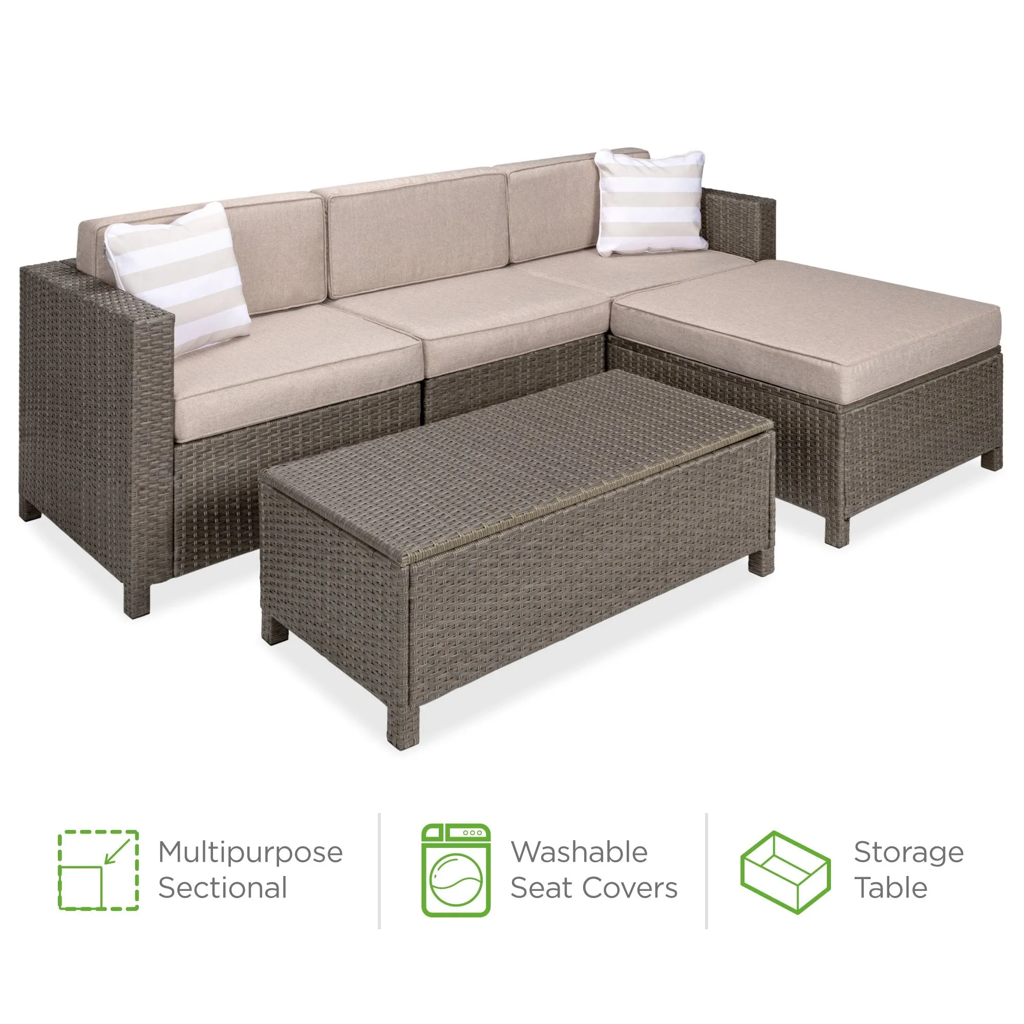 5-Piece Outdoor Wicker Patio Sectional Set w/ Storage, 2 Pillows, Cover