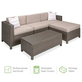 5-Piece Outdoor Wicker Patio Sectional Set w/ Storage, 2 Pillows, Cover