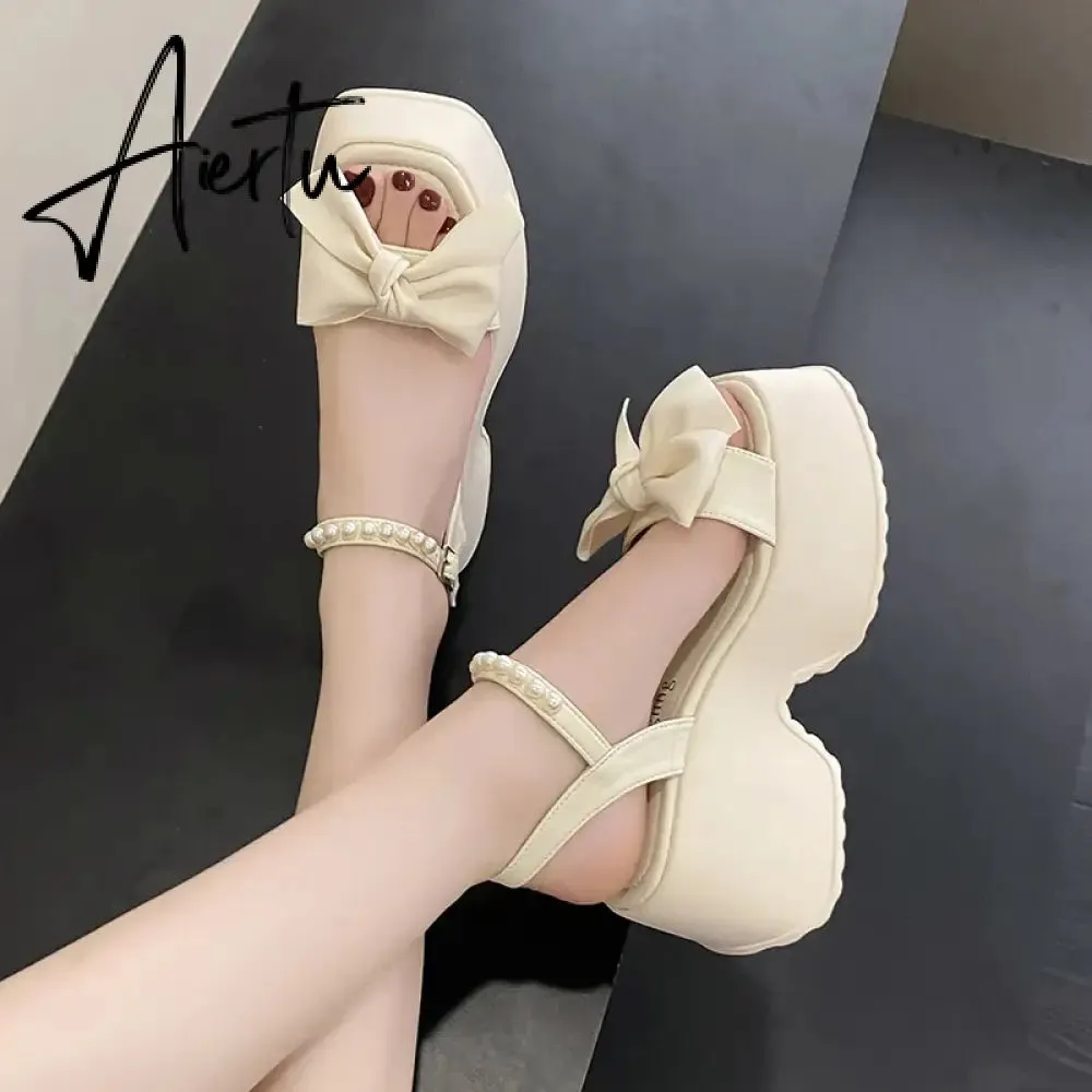 Aiertu Korean Version Bowknot Margarite Thick Bottom Roman Sandals  New Fashion Casual All-match Solid Color Heels Women Summertime