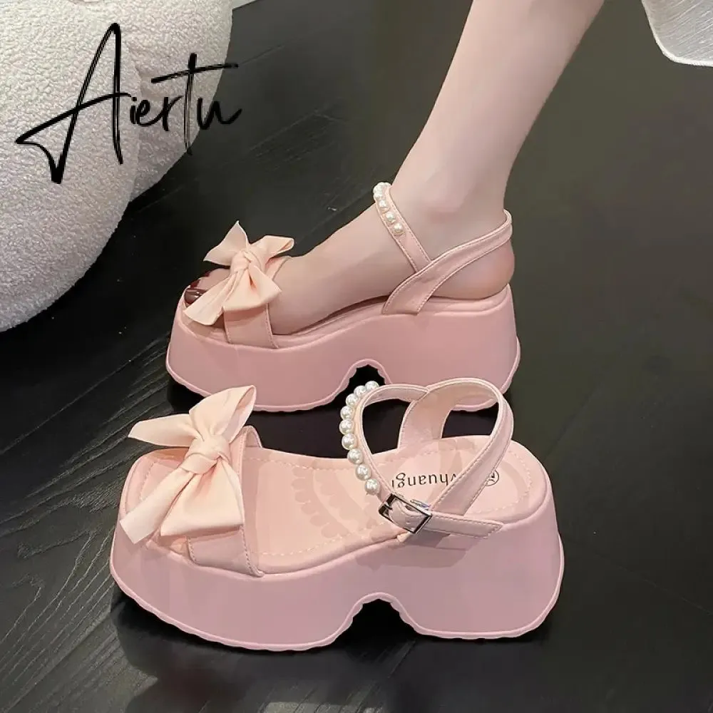 Aiertu Korean Version Bowknot Margarite Thick Bottom Roman Sandals  New Fashion Casual All-match Solid Color Heels Women Summertime