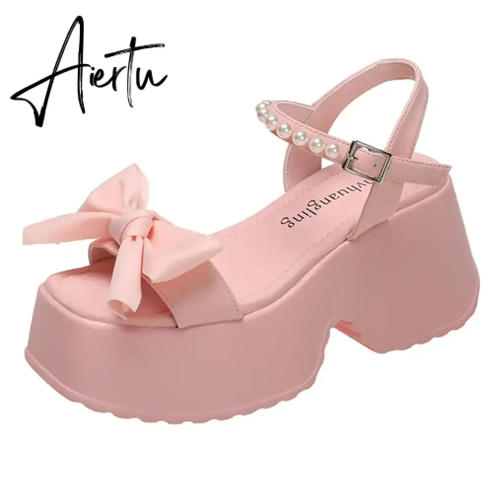 Aiertu Korean Version Bowknot Margarite Thick Bottom Roman Sandals  New Fashion Casual All-match Solid Color Heels Women Summertime