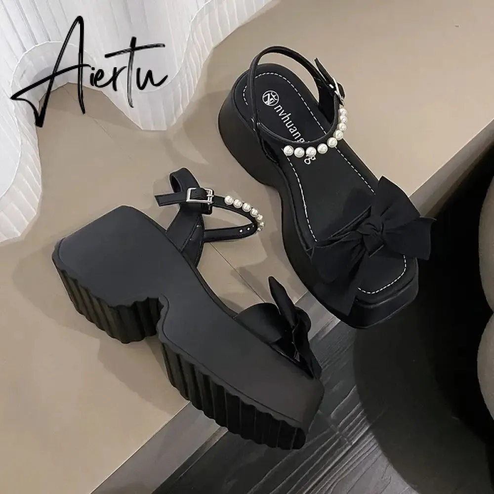 Aiertu Korean Version Bowknot Margarite Thick Bottom Roman Sandals  New Fashion Casual All-match Solid Color Heels Women Summertime