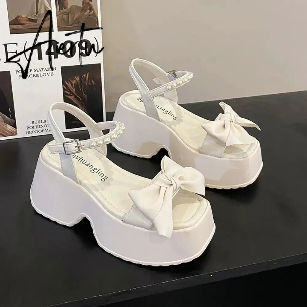 Aiertu Korean Version Bowknot Margarite Thick Bottom Roman Sandals  New Fashion Casual All-match Solid Color Heels Women Summertime