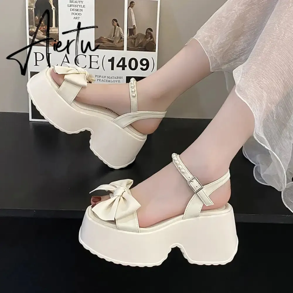 Aiertu Korean Version Bowknot Margarite Thick Bottom Roman Sandals  New Fashion Casual All-match Solid Color Heels Women Summertime