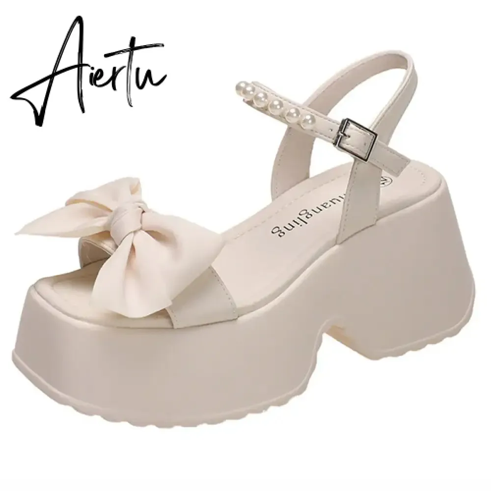 Aiertu Korean Version Bowknot Margarite Thick Bottom Roman Sandals  New Fashion Casual All-match Solid Color Heels Women Summertime