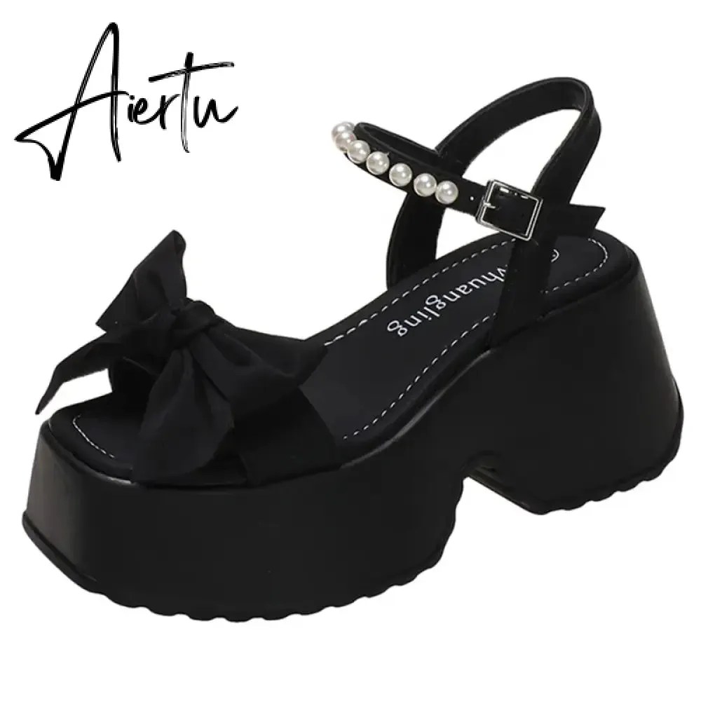 Aiertu Korean Version Bowknot Margarite Thick Bottom Roman Sandals  New Fashion Casual All-match Solid Color Heels Women Summertime