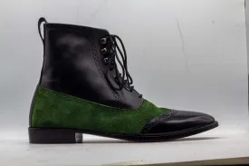 Ankle High Black Green Wing Tip Boot, Lace Up Boot, Hand Painted Street Wear Boot