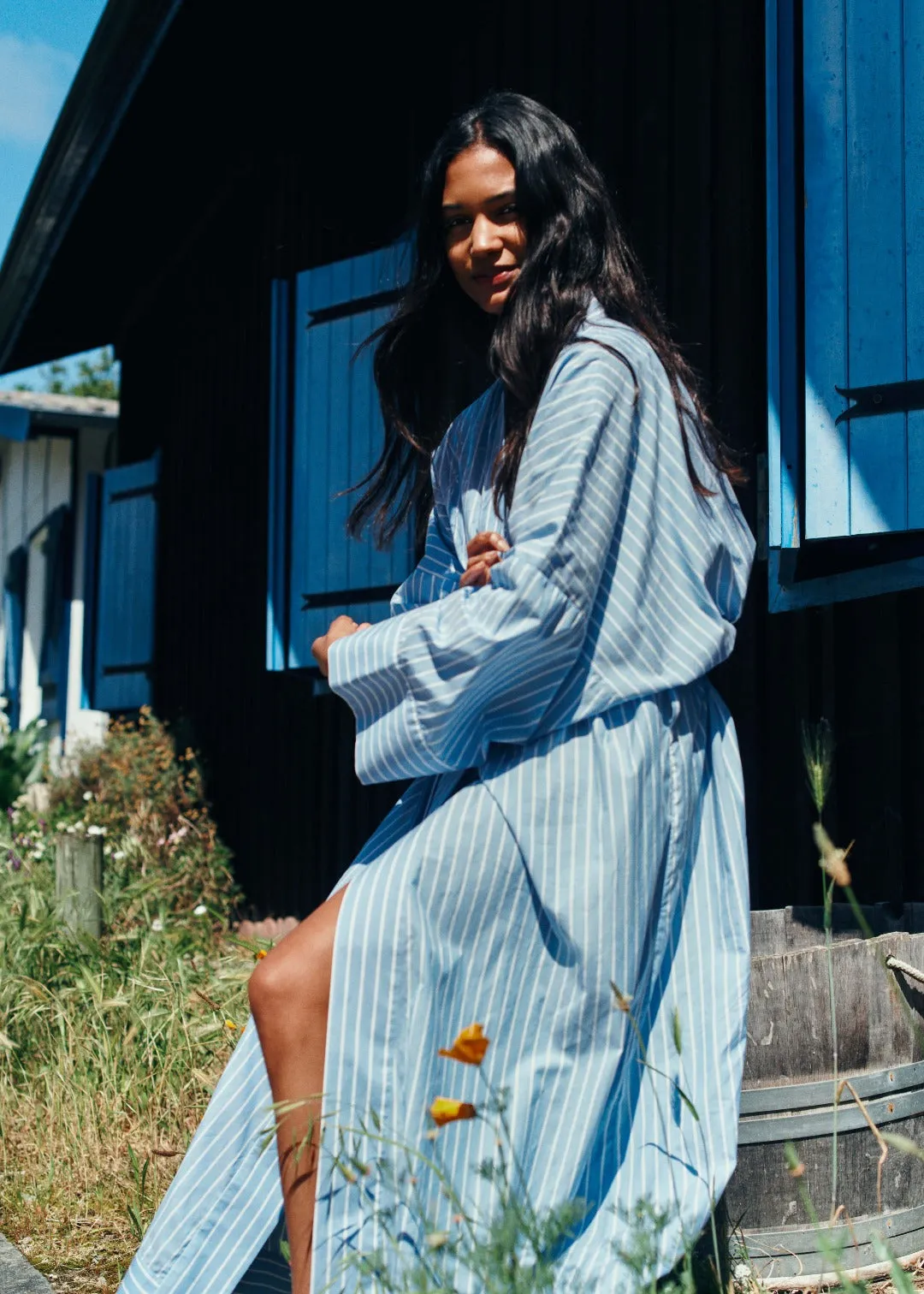 Athens Robe Blue & White Stripe Cotton Silk
