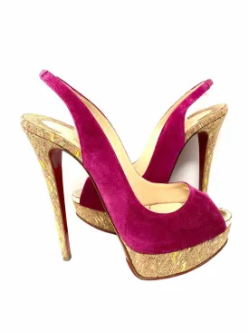 Christian Louboutin Women's Beige/Pink Stiletto Suede Metallic Slingbacks