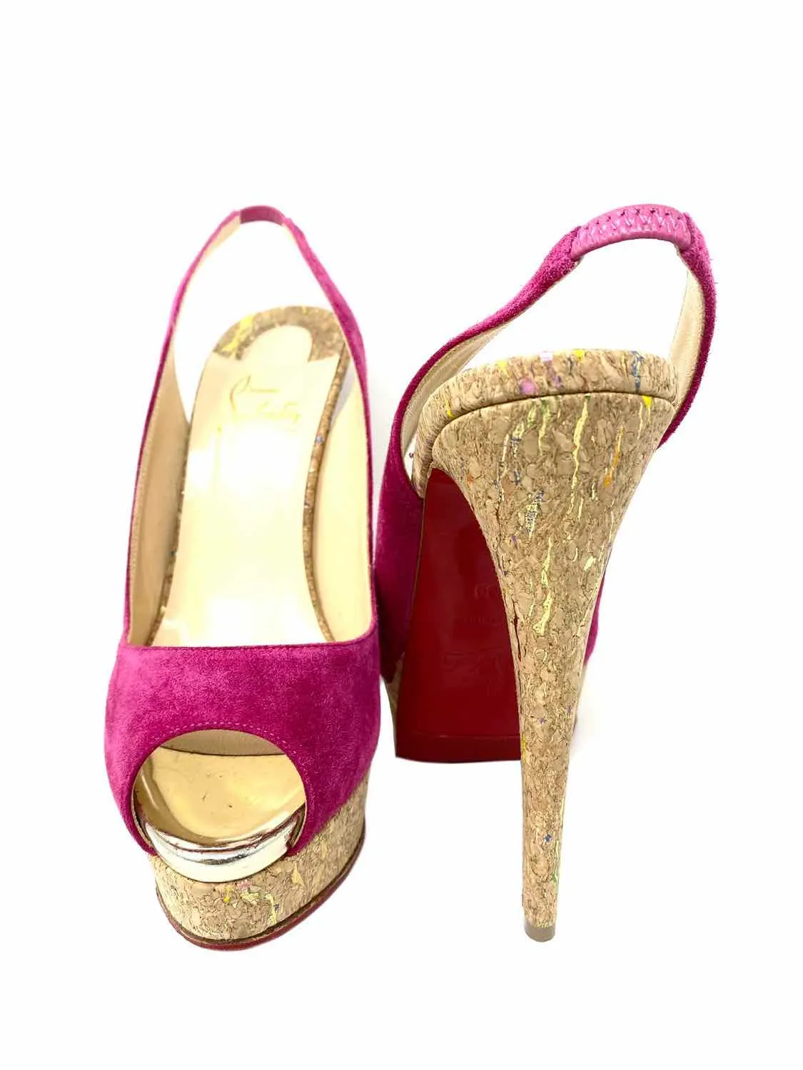 Christian Louboutin Women's Beige/Pink Stiletto Suede Metallic Slingbacks