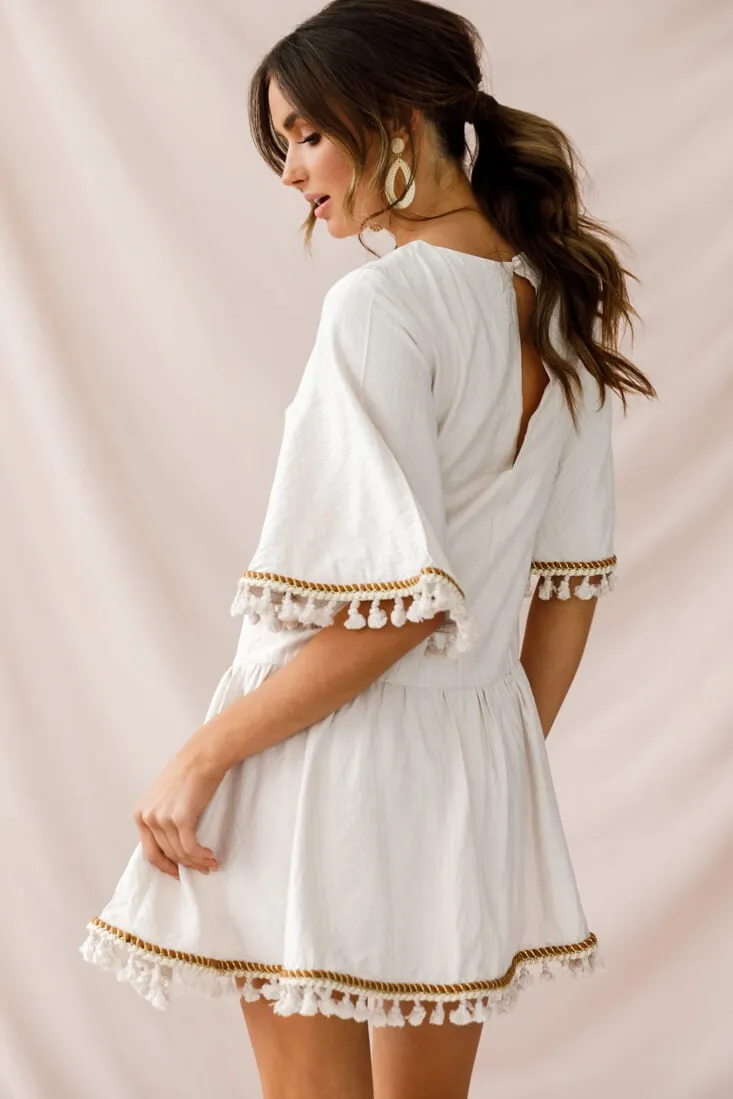 Donna Dropped Waist Tassel Dress Beige