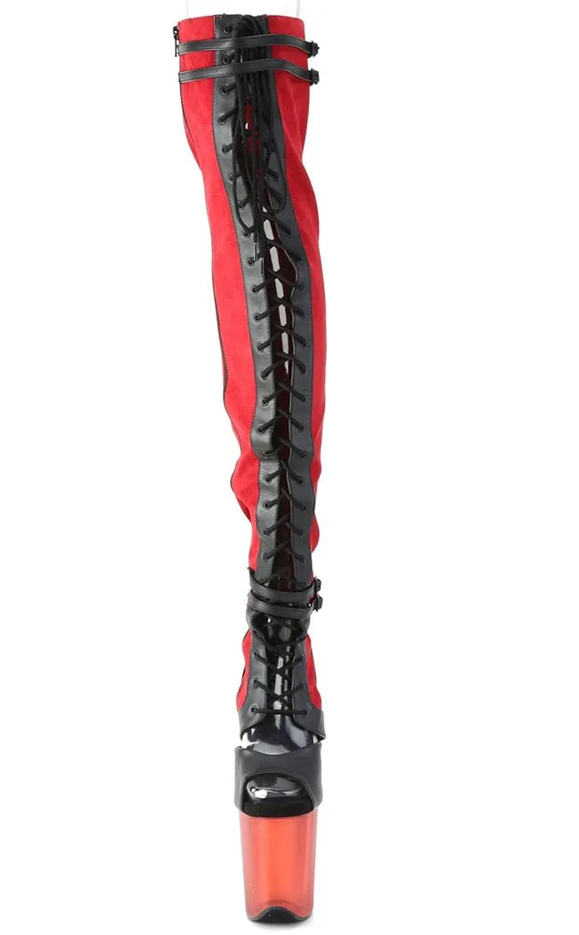 FLAMINGO-3027 Red Suede & Faux Leather Frosted Thigh High Boots