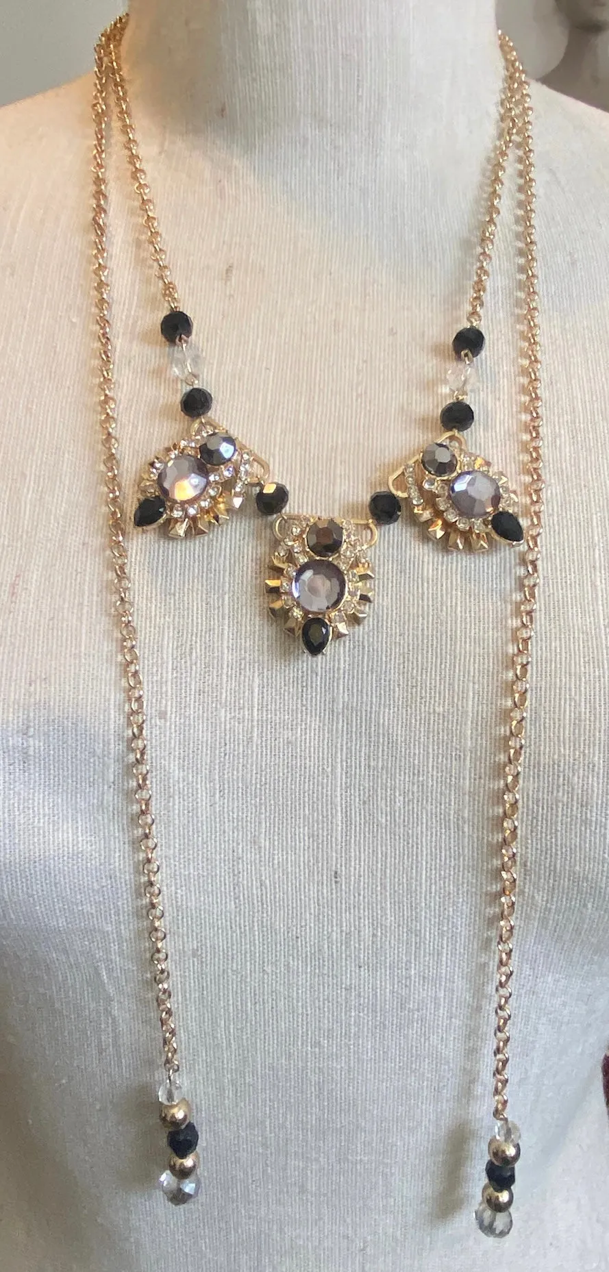Gold Tone Metal Chain Rhinestone Statement Wrap Necklace