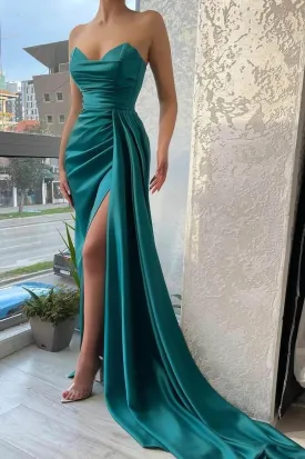 Green Satin Long Evening Dresses,Sexy Slit Prom Dress with Streamer