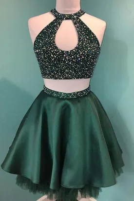 Halter Beaded Green Satin Two Piece Homecoming Dress Short Prom Dress PD358
