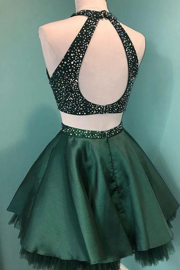 Halter Beaded Green Satin Two Piece Homecoming Dress Short Prom Dress PD358