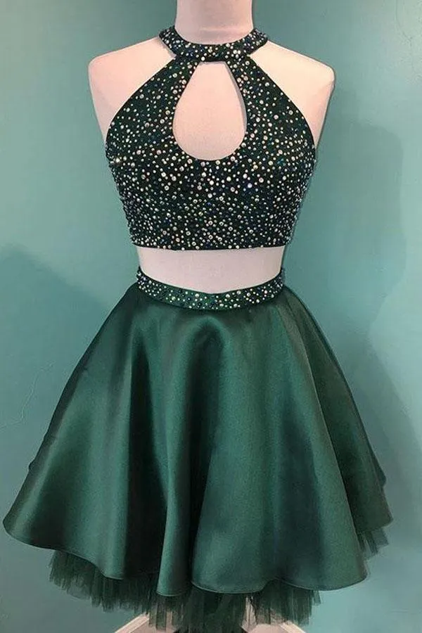 Halter Beaded Green Satin Two Piece Homecoming Dress Short Prom Dress PD358