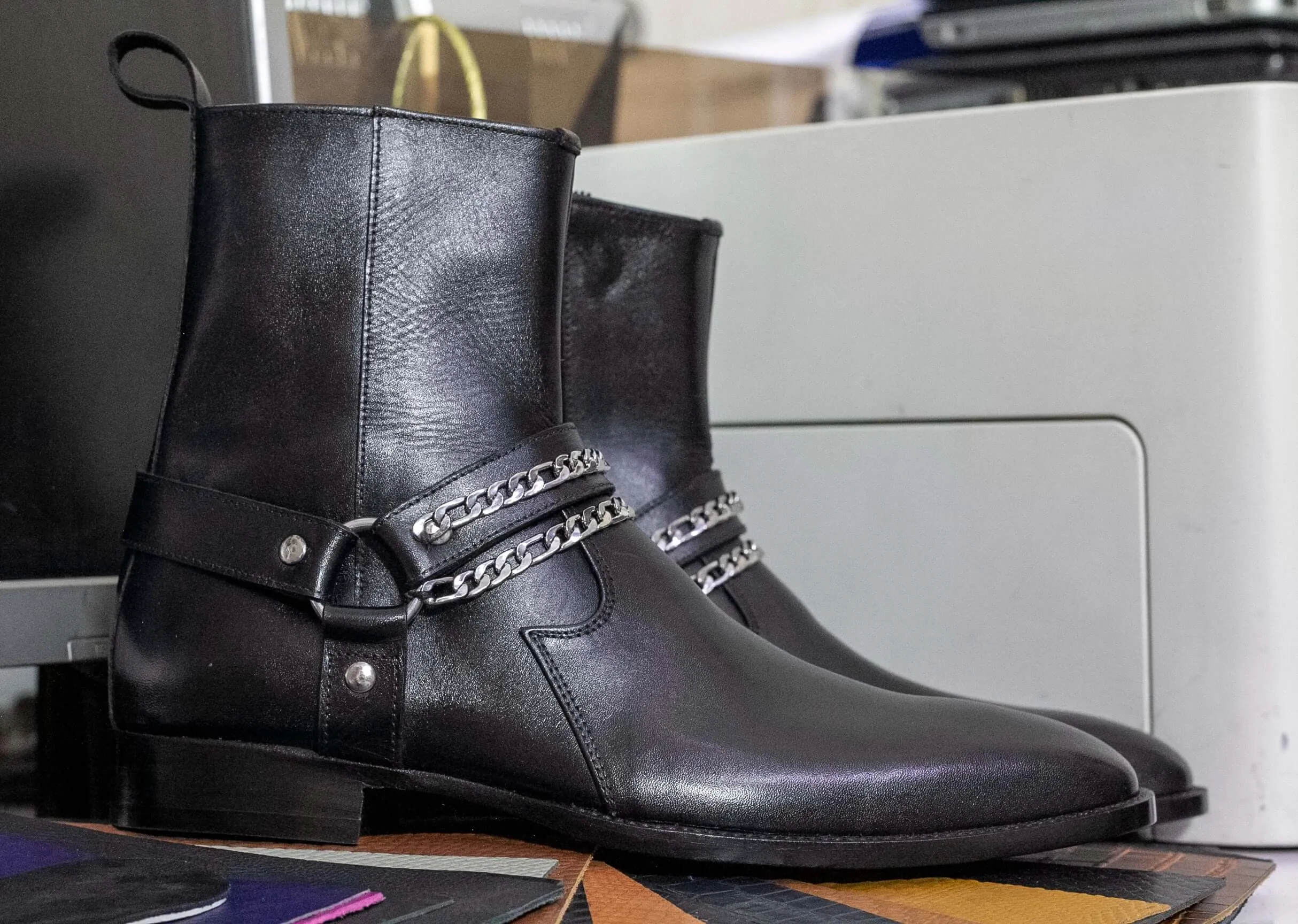 Handmade Black Ankle High Madrid Strap Boots , Pure Leather Side Zipper Boot