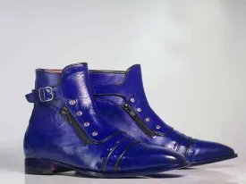 Handmade Men's Ankle High Purple Cap Toe Buckle With Side Zip Style Leather Boots