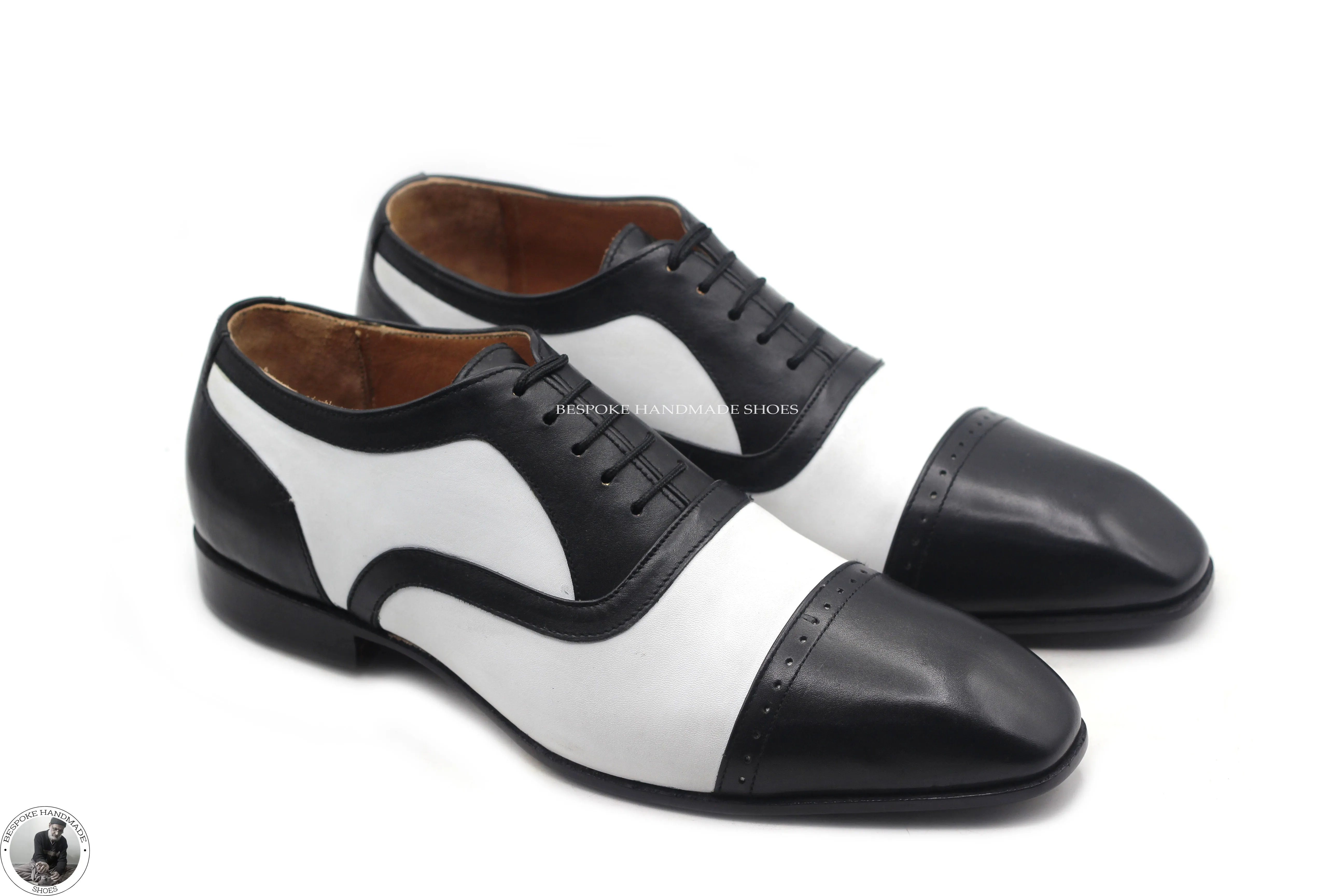 Handmade Men's Black And White Leather Wingtip Brogue Oxford Lace Up Formal Men's Shoes