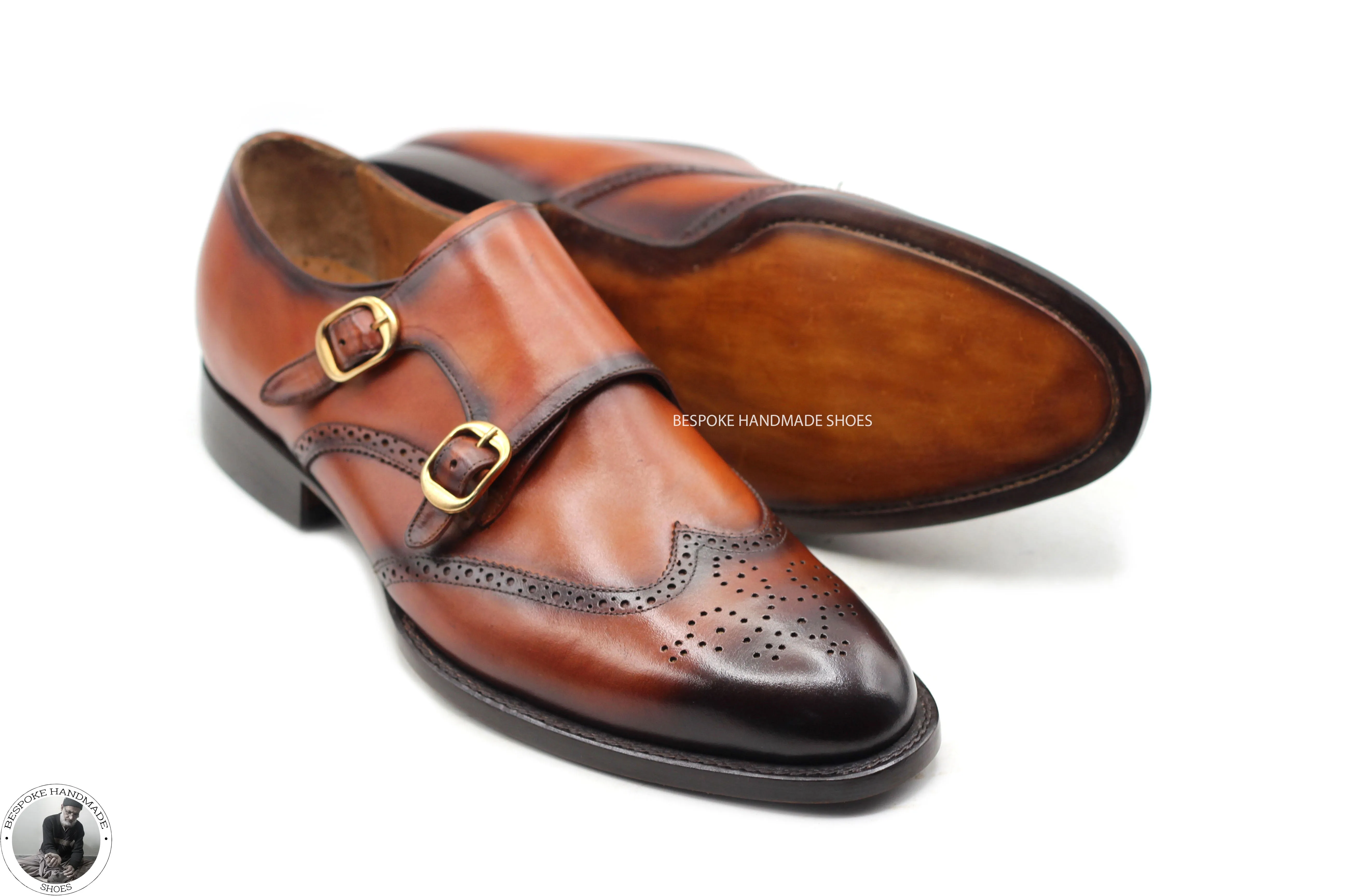 Handmade Premium Quality Brown Leather Double Monk Wingtip Brogue Party Wear Dress Shoes