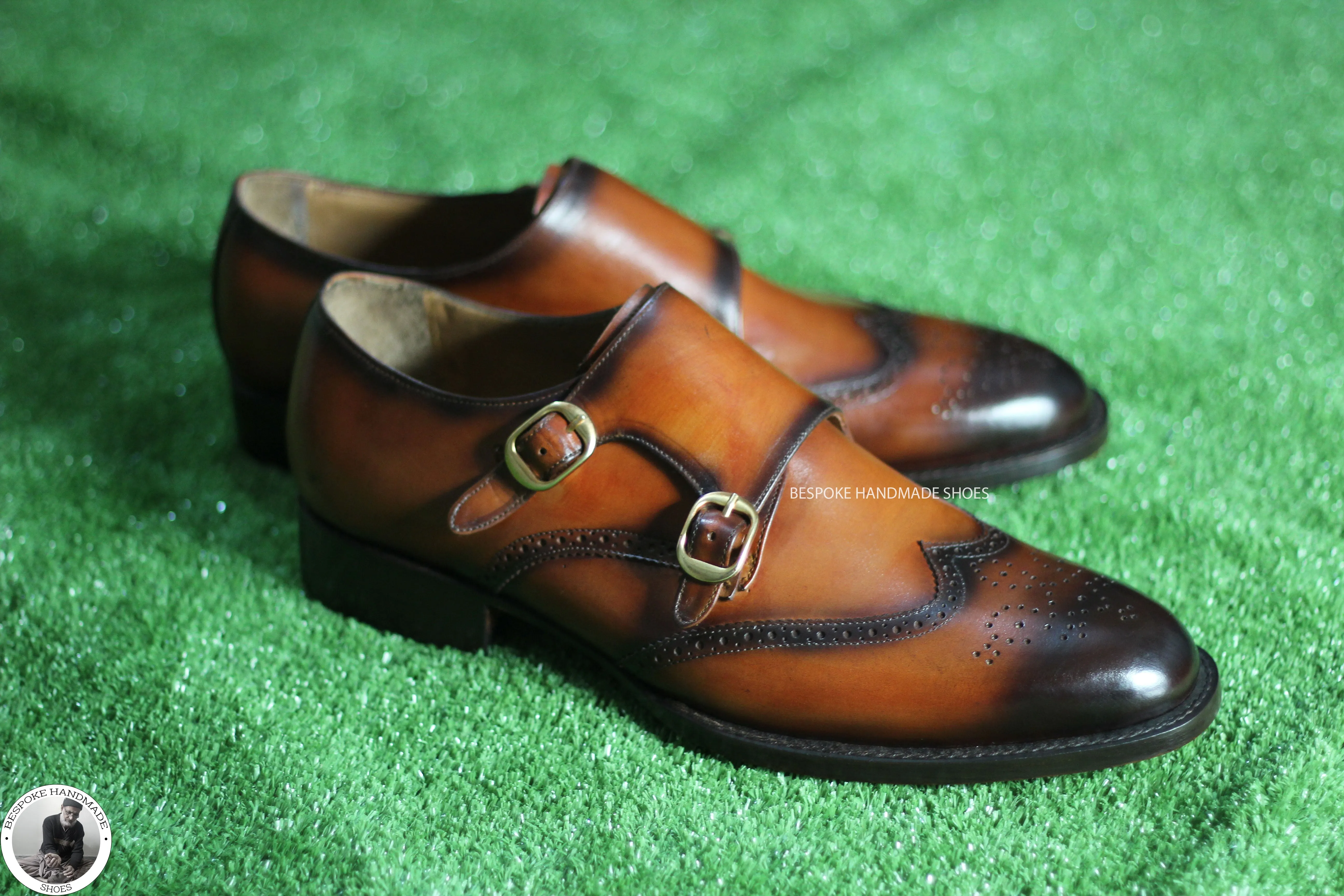Handmade Premium Quality Brown Leather Double Monk Wingtip Brogue Party Wear Dress Shoes
