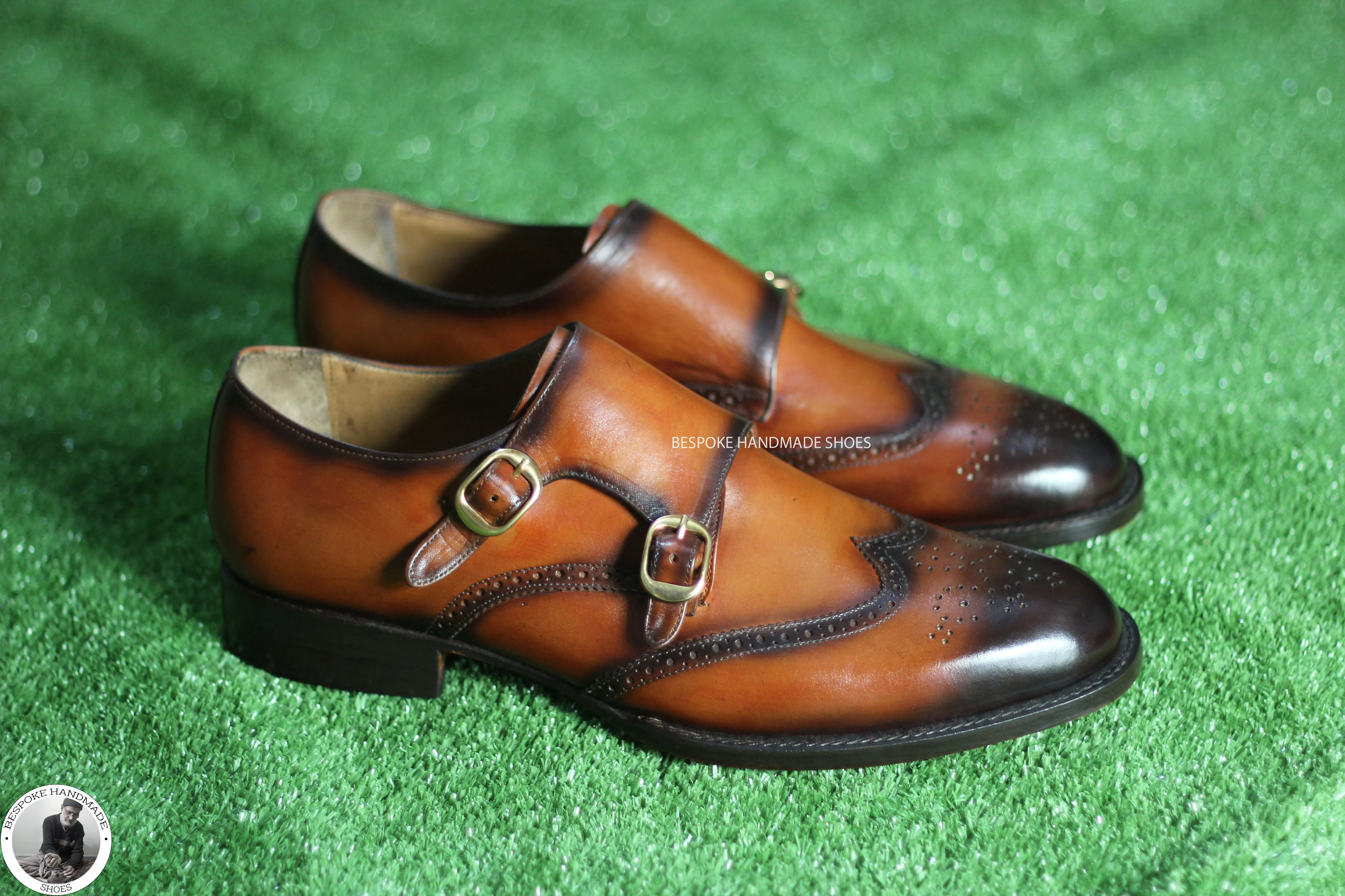 Handmade Premium Quality Brown Leather Double Monk Wingtip Brogue Party Wear Dress Shoes