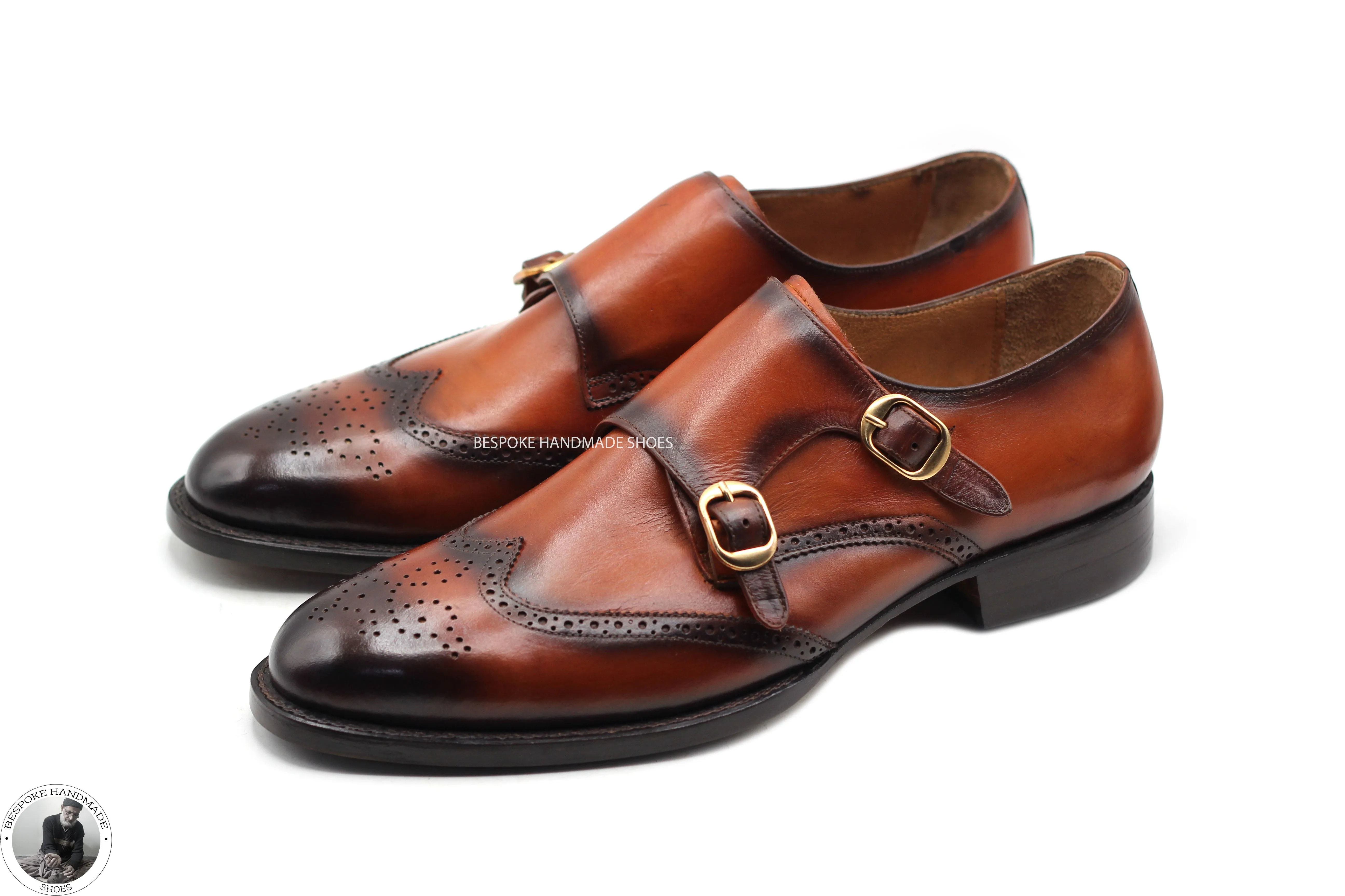 Handmade Premium Quality Brown Leather Double Monk Wingtip Brogue Party Wear Dress Shoes