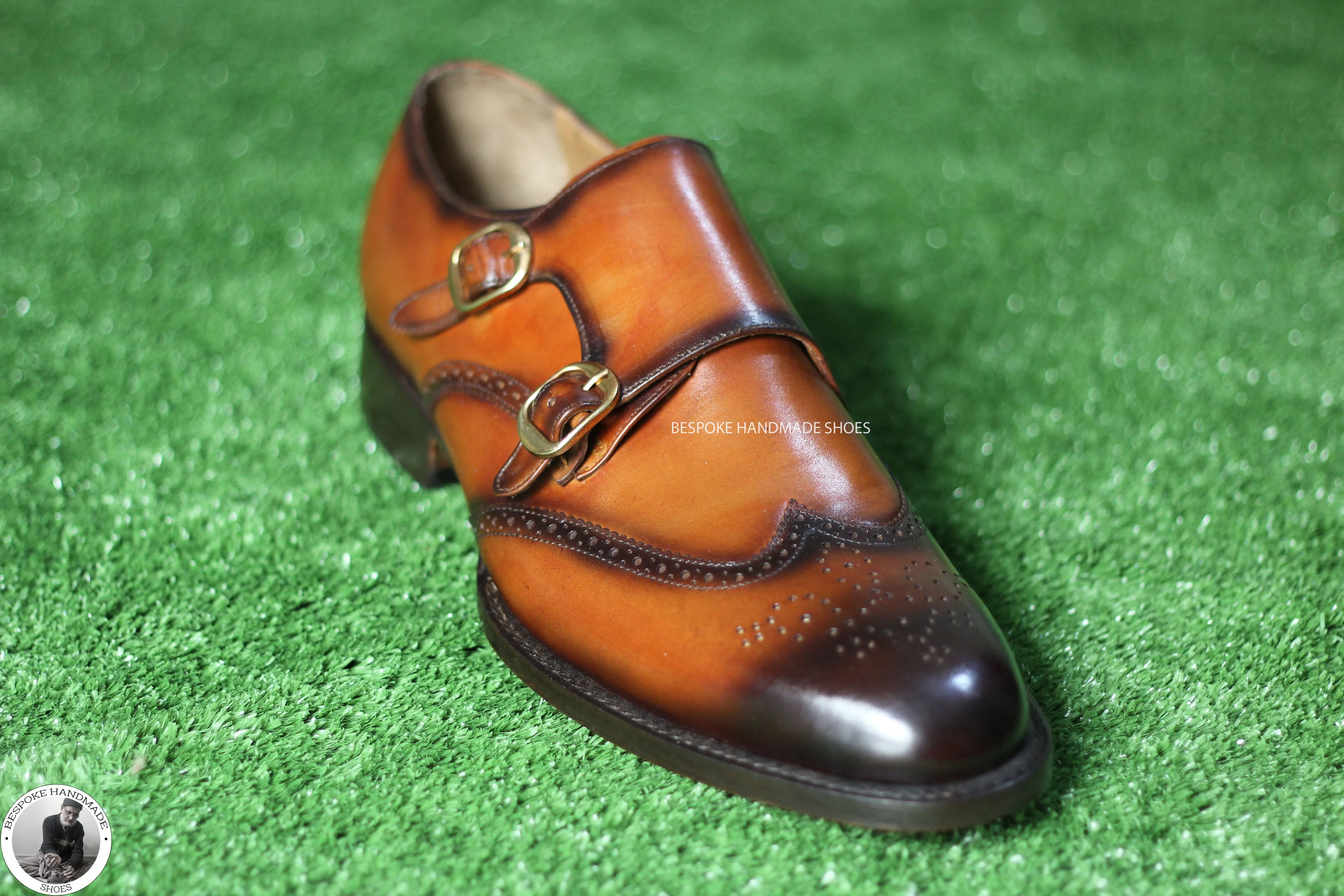 Handmade Premium Quality Brown Leather Double Monk Wingtip Brogue Party Wear Dress Shoes