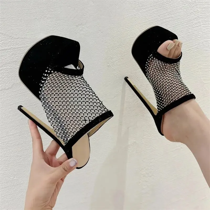 Hnzxzm Design Peep Toe CRYSTAL Mesh Fabric Sexy Women Slippers Stiletto Platform High Heels Female Nightclub Shoes