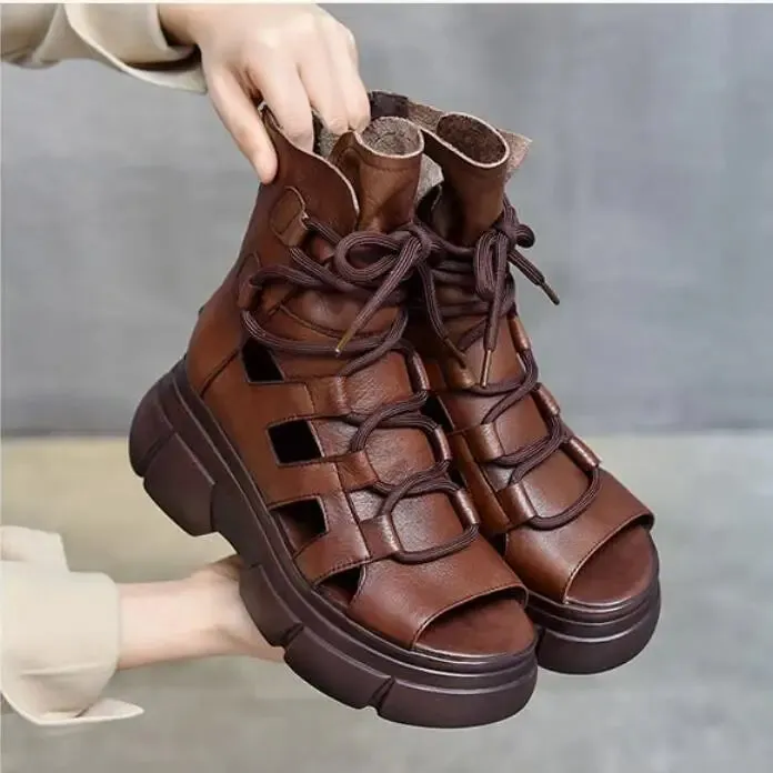 Hnzxzm New Summer Hollowed-out Breathable Thin Roman Sandals Women High-heeled Platform Sandals Wedge Platform Gladiator Shoes