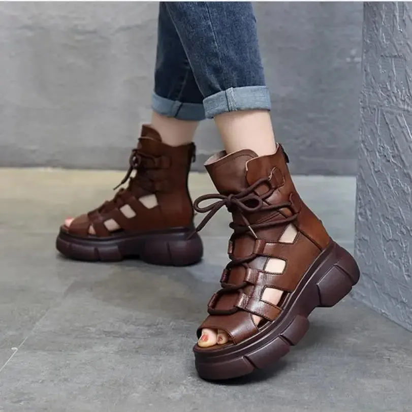 Hnzxzm New Summer Hollowed-out Breathable Thin Roman Sandals Women High-heeled Platform Sandals Wedge Platform Gladiator Shoes