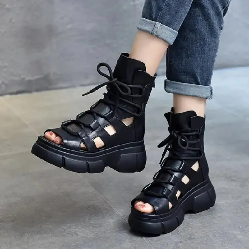 Hnzxzm New Summer Hollowed-out Breathable Thin Roman Sandals Women High-heeled Platform Sandals Wedge Platform Gladiator Shoes