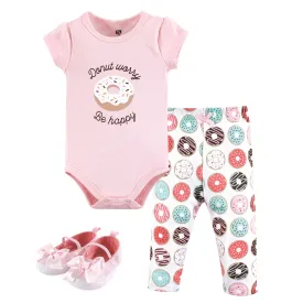 Hudson Baby Cotton Bodysuit, Pant and Shoe Set, Donut Worry