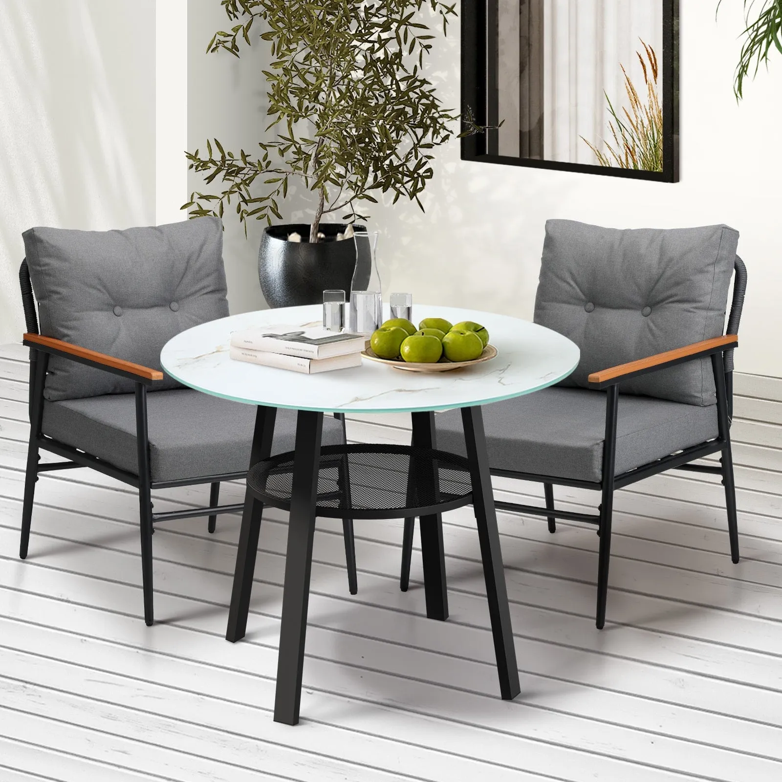 Livsip Outdoor Dining Set Patio Furniture 3PC Lounge Setting Table Storage Shelf