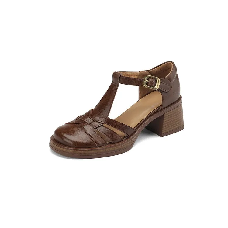 Purpdrank - 2023 Summer Sandals Cow Leather Cover Toe Roman Sandals Casual Buckle Strap Summer Shoes GLADIATOR Thick Heel Women High Heels