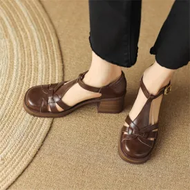 Purpdrank - 2023 Summer Sandals Cow Leather Cover Toe Roman Sandals Casual Buckle Strap Summer Shoes GLADIATOR Thick Heel Women High Heels