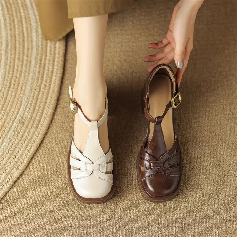 Purpdrank - 2023 Summer Sandals Cow Leather Cover Toe Roman Sandals Casual Buckle Strap Summer Shoes GLADIATOR Thick Heel Women High Heels