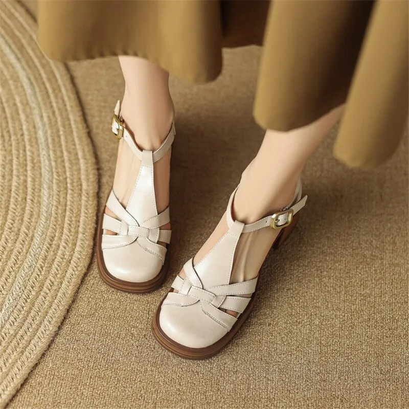 Purpdrank - 2023 Summer Sandals Cow Leather Cover Toe Roman Sandals Casual Buckle Strap Summer Shoes GLADIATOR Thick Heel Women High Heels