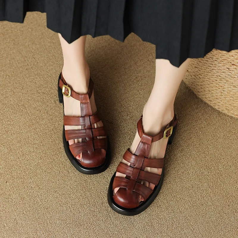 Purpdrank - New Summer Sandals Genuine Leather Luxury Roman Sandals Casual Buckle Strap Summer Shoes GLADIATOR Thick Heel Women Shoes