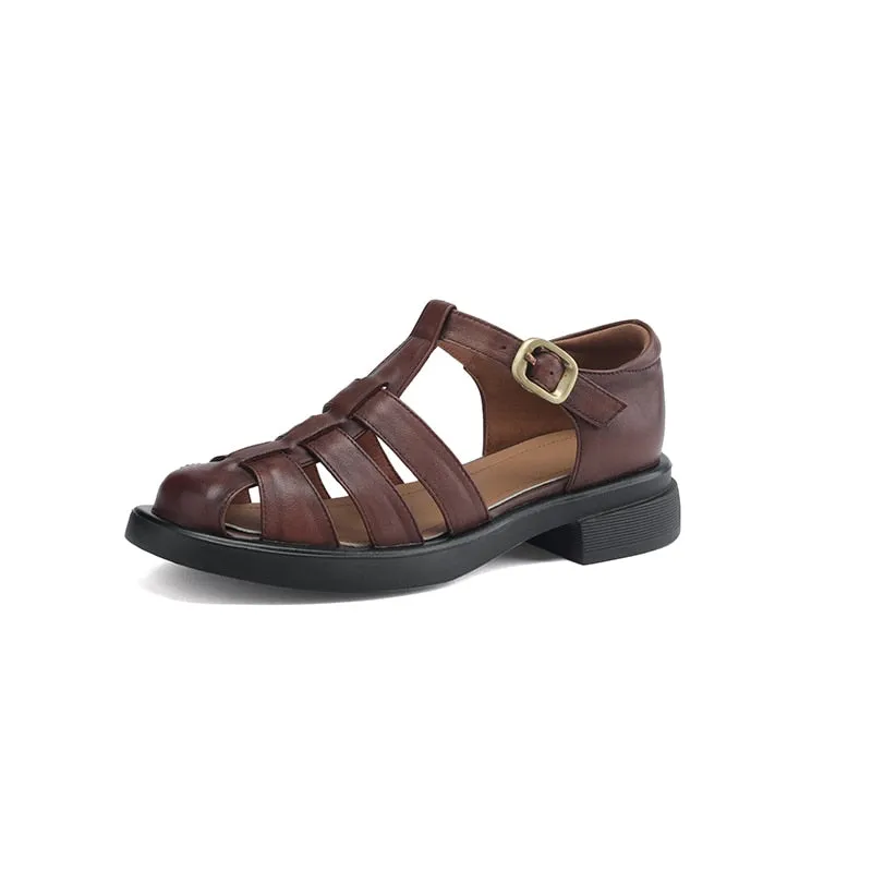 Purpdrank - New Summer Sandals Genuine Leather Luxury Roman Sandals Casual Buckle Strap Summer Shoes GLADIATOR Thick Heel Women Shoes