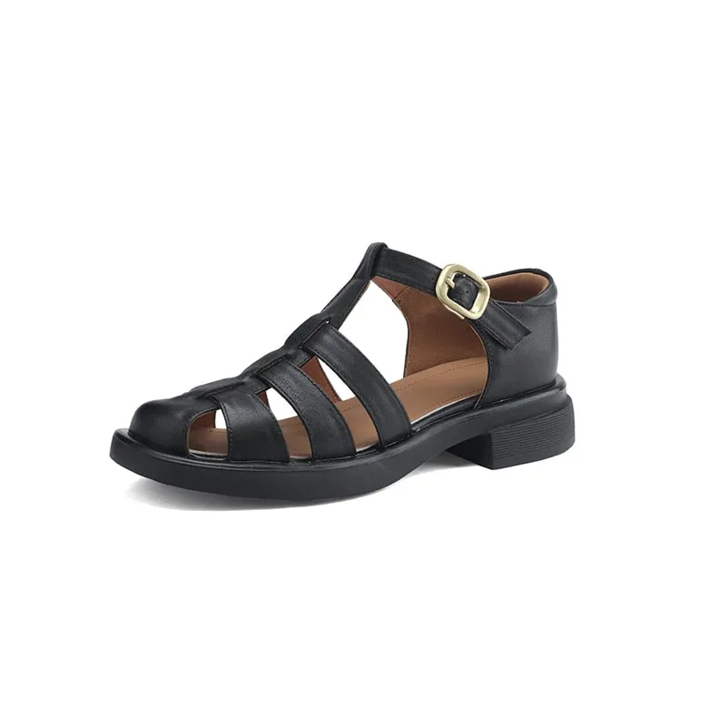 Purpdrank - New Summer Sandals Genuine Leather Luxury Roman Sandals Casual Buckle Strap Summer Shoes GLADIATOR Thick Heel Women Shoes