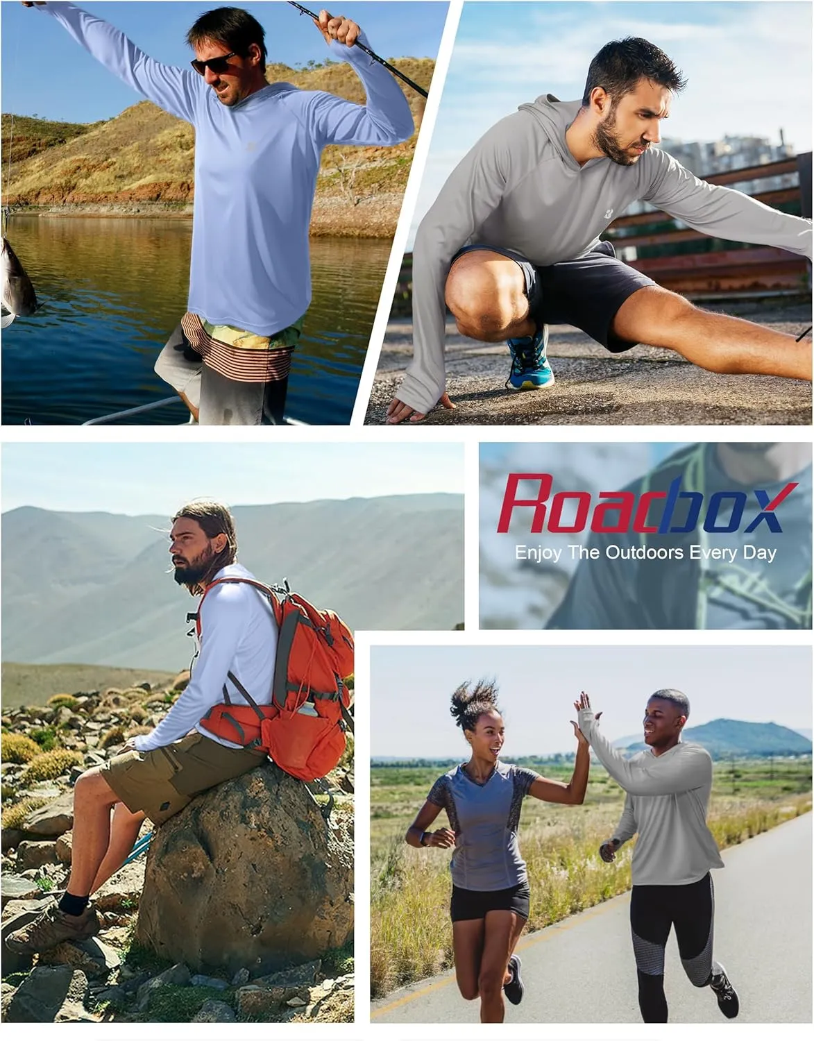 Roadbox UPF 50  Fishing Shirts for Men, Long Sleeve UV Protection Sun Hoodie, Swim Rash Guard for Hiking Running Workout