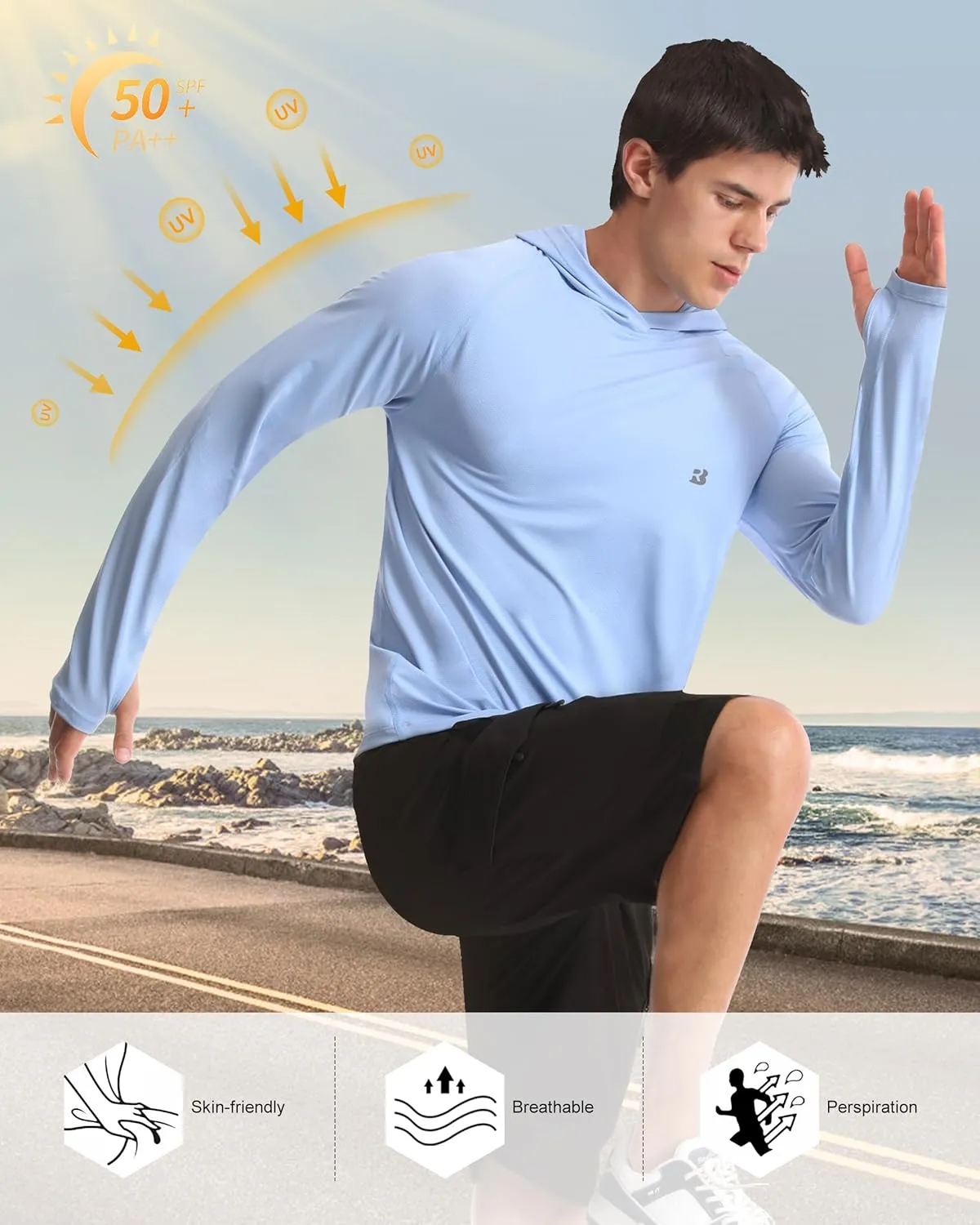 Roadbox UPF 50  Fishing Shirts for Men, Long Sleeve UV Protection Sun Hoodie, Swim Rash Guard for Hiking Running Workout