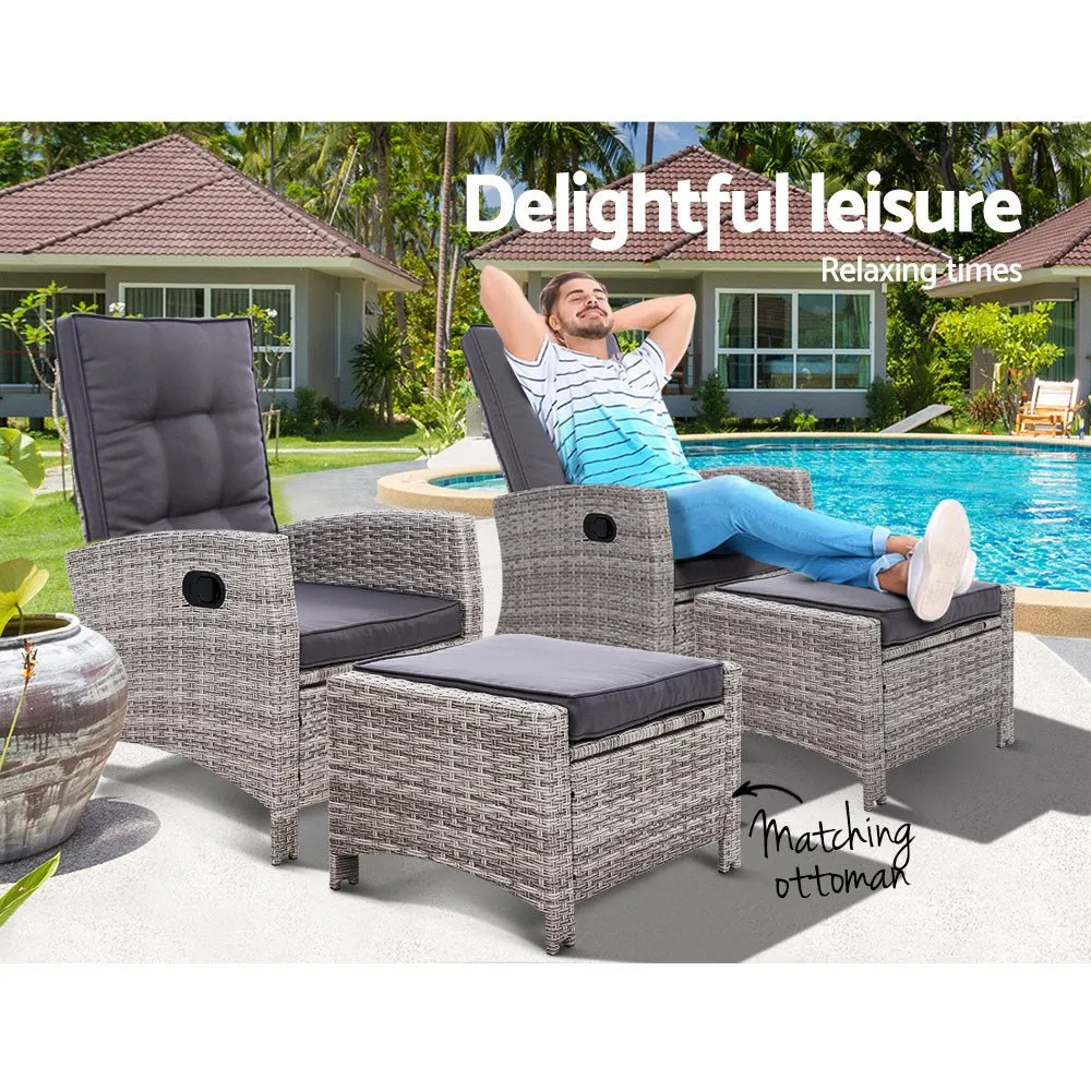 Set of 2 Elise Outdoor Recliner Chairs with Ottomans Grey